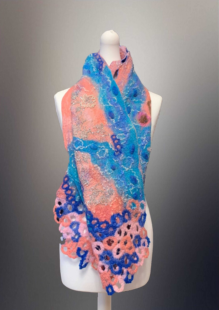 Accessories RP Felt Creations | Nuno Felt Scarf Pink And Blue Sparkly Scarf With Circles At Both Ends