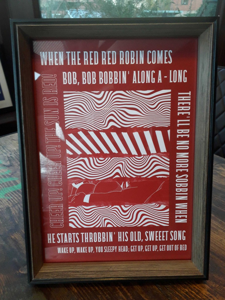 Gifts Originallyt Designs | Hull Kr - Inspired Psychedelic 'Red Red Robin' Lyrics In Red Or White - With Black & Brown Frame