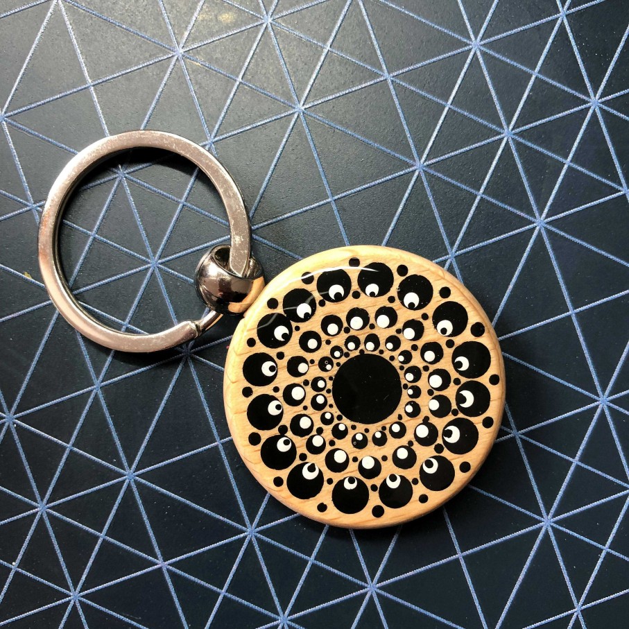 Gifts The Artful Dotter | Hand Painted Dot Mandala Wooden Key Ring: Ebony Black With White